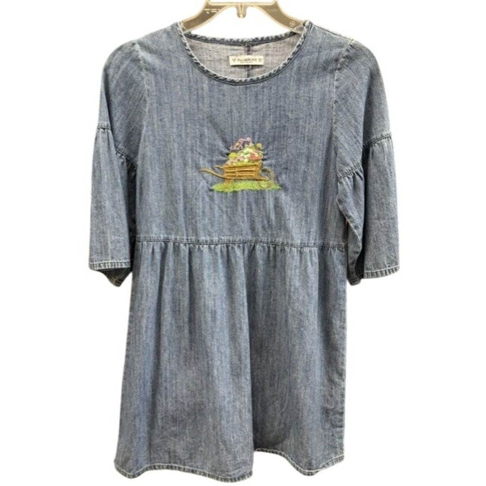 Pull & Bear Denim Mini Denim Dress Embroidered Flower Wheelbarrow